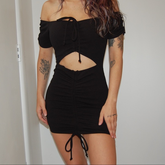 Ruched Off Shoulder Mini Dress w/ Cutout - Picture 1 of 3
